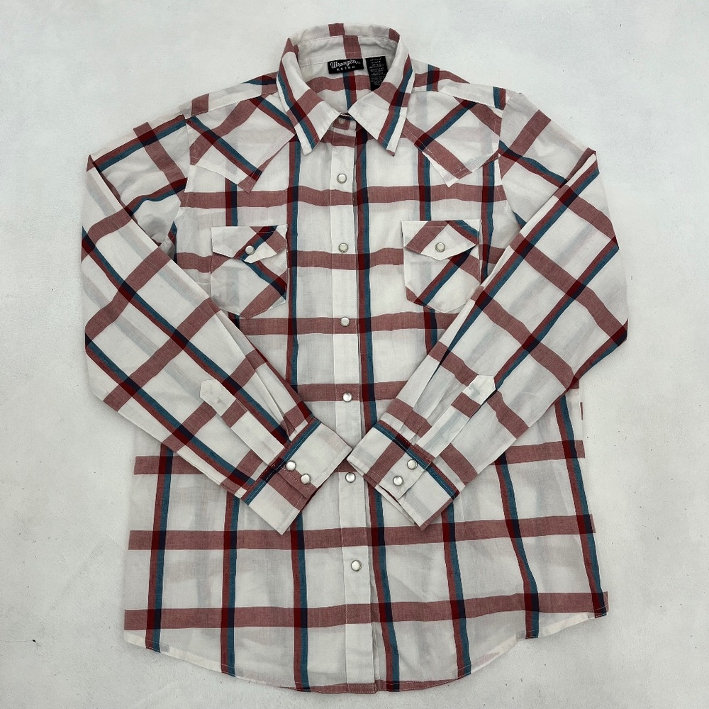 Wrangler Retro Mens Size L Western Pearl Shirt Red Blue White Checks Snap Peral